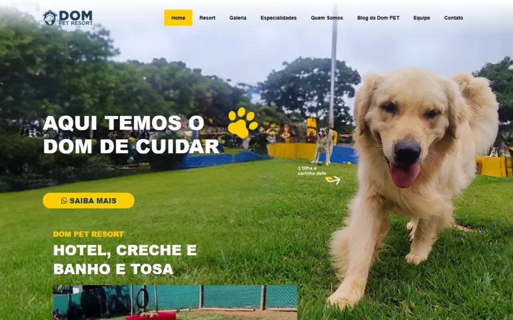 Página inicial do site da Dom Pet Resort